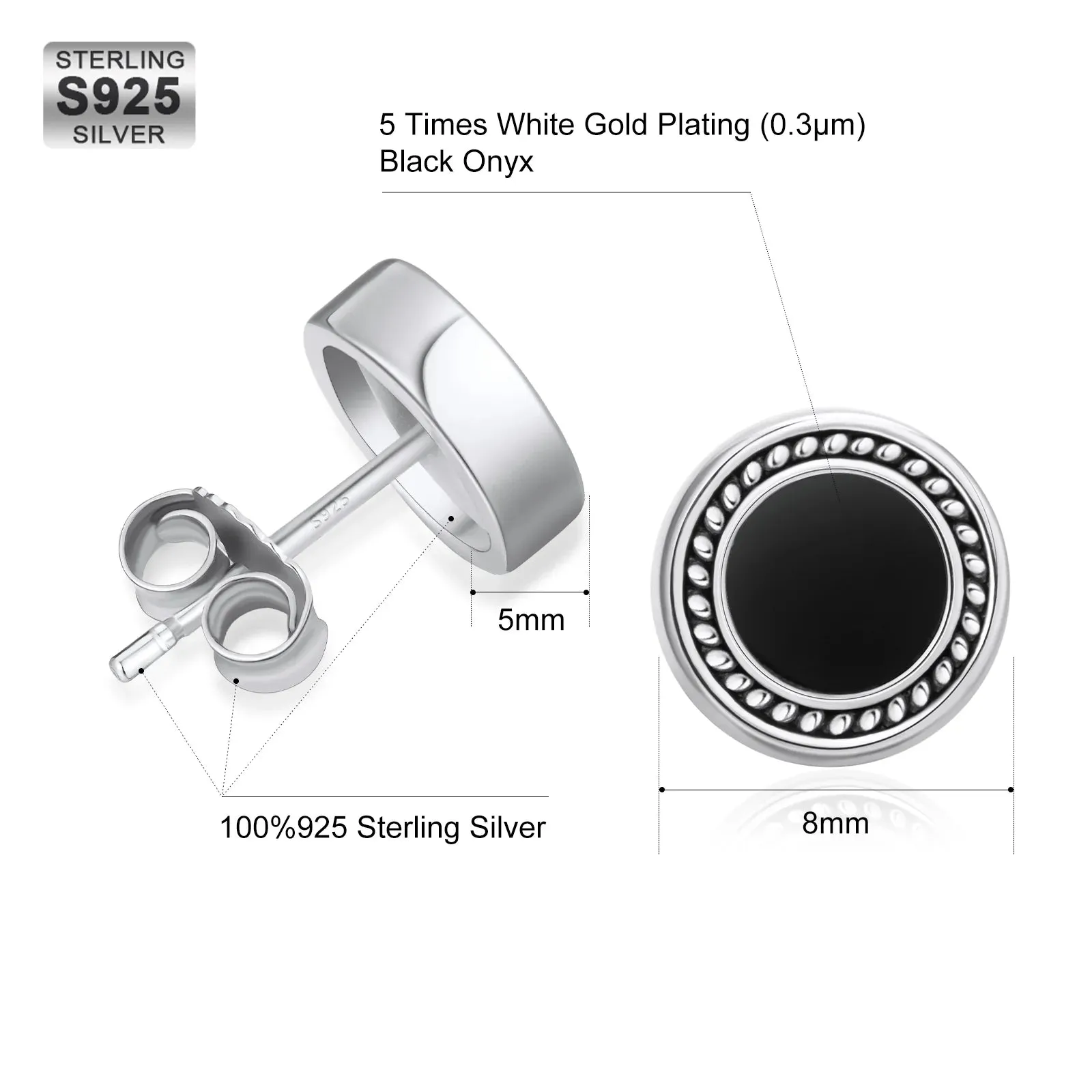 8mm Black Diamond Agate Radial Round Stud Earrings in 925 Sterling Silver