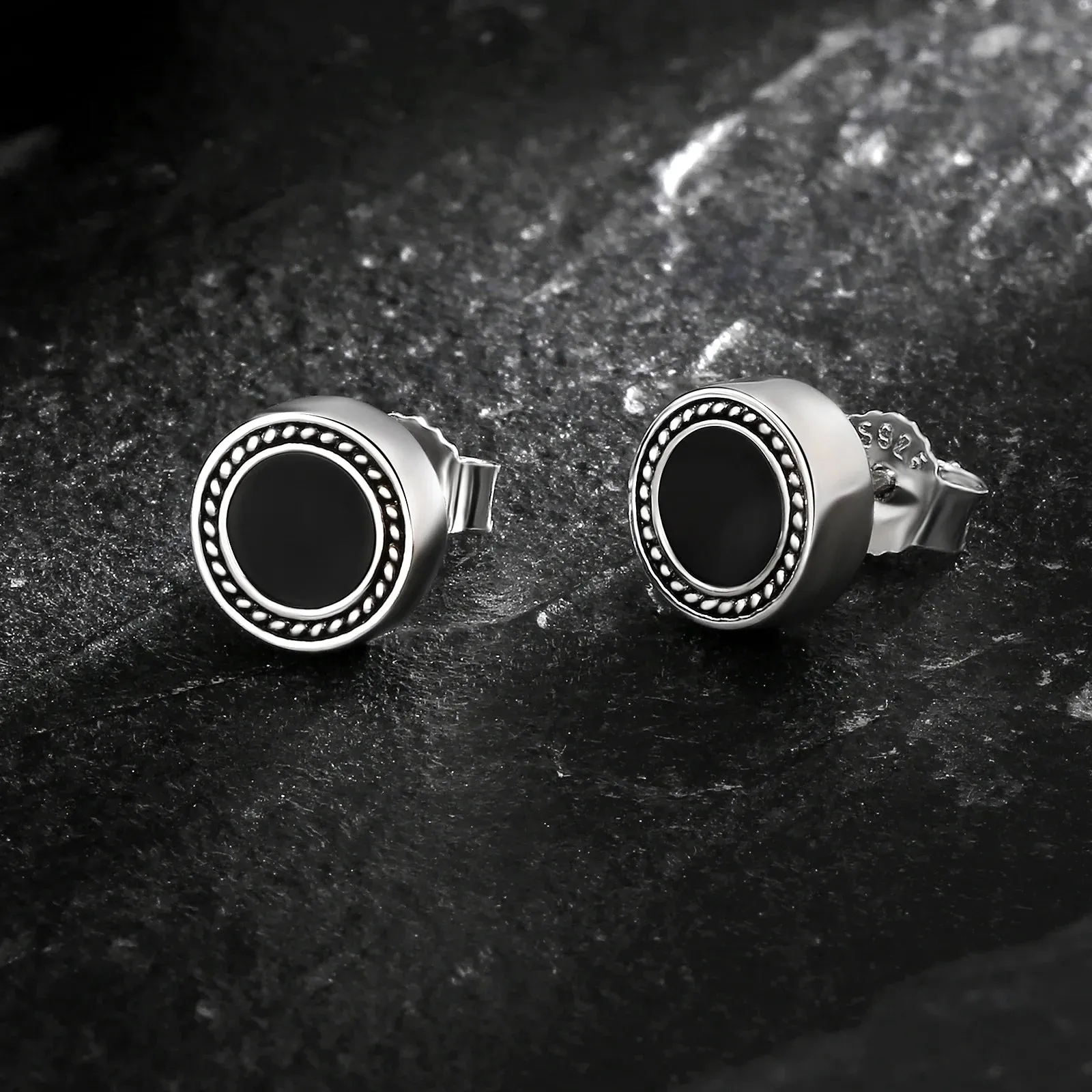8mm Black Diamond Agate Radial Round Stud Earrings in 925 Sterling Silver