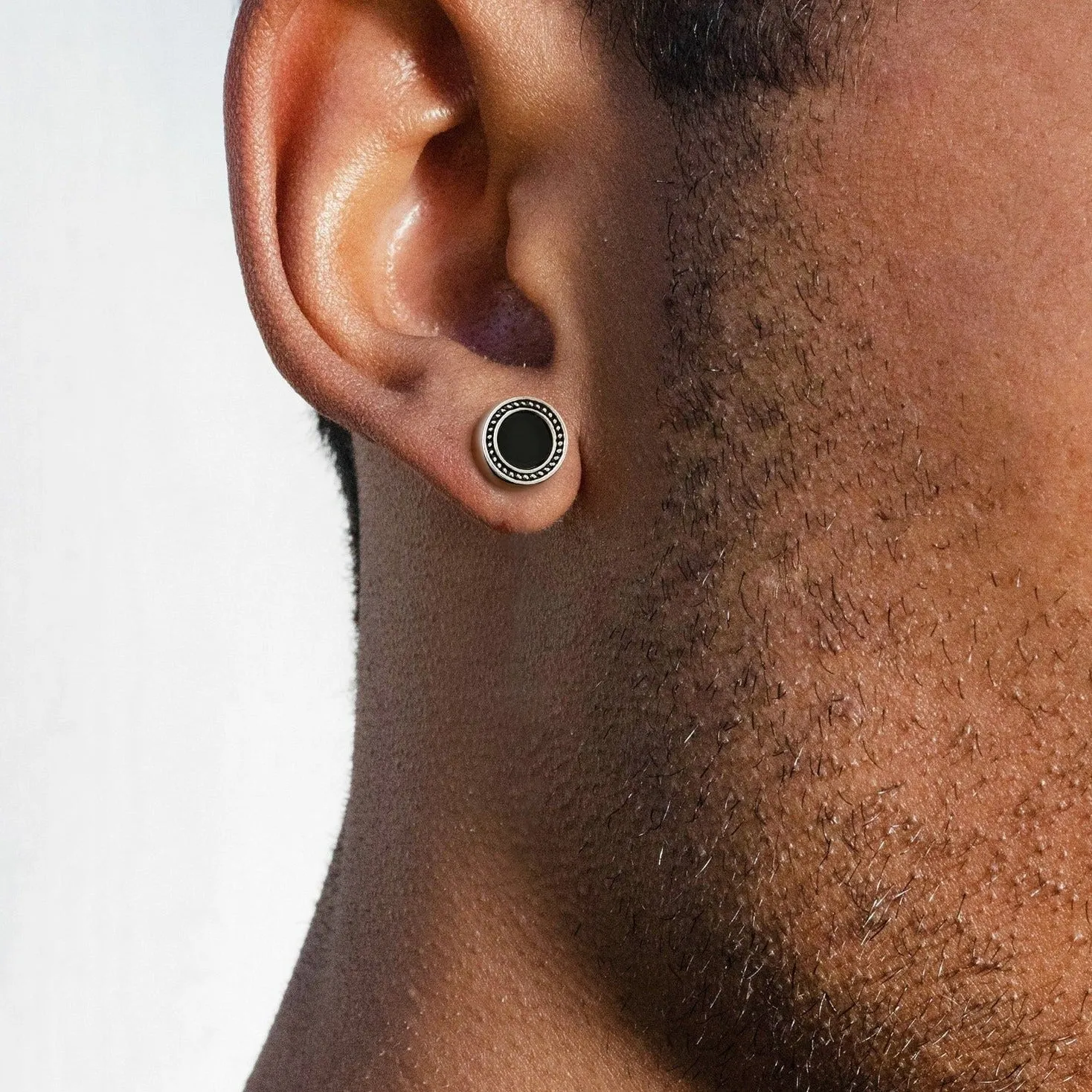 8mm Black Diamond Agate Radial Round Stud Earrings in 925 Sterling Silver