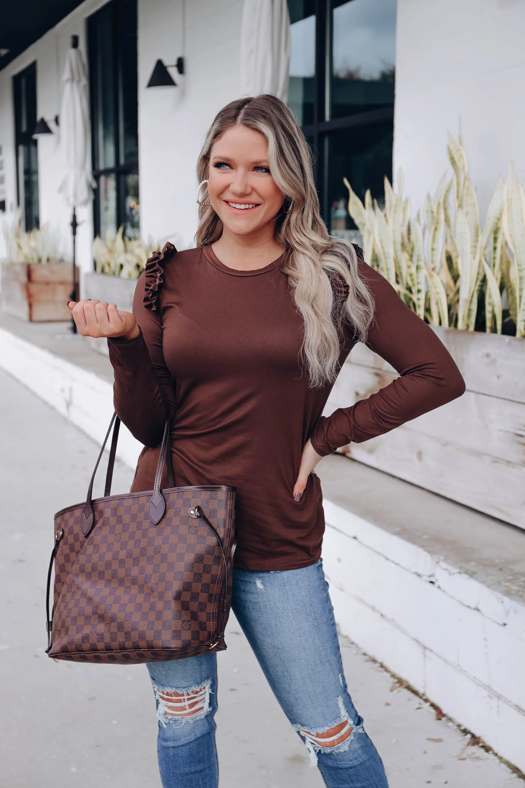 Baylee Ruffle Sleeve Top - Coffee