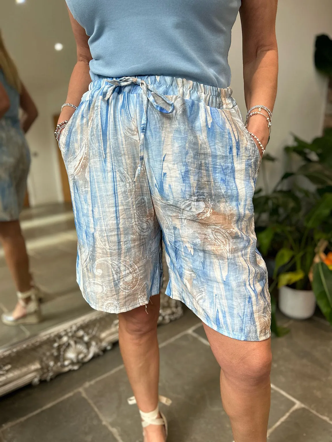 Blue Paisley Marble Print Shorts