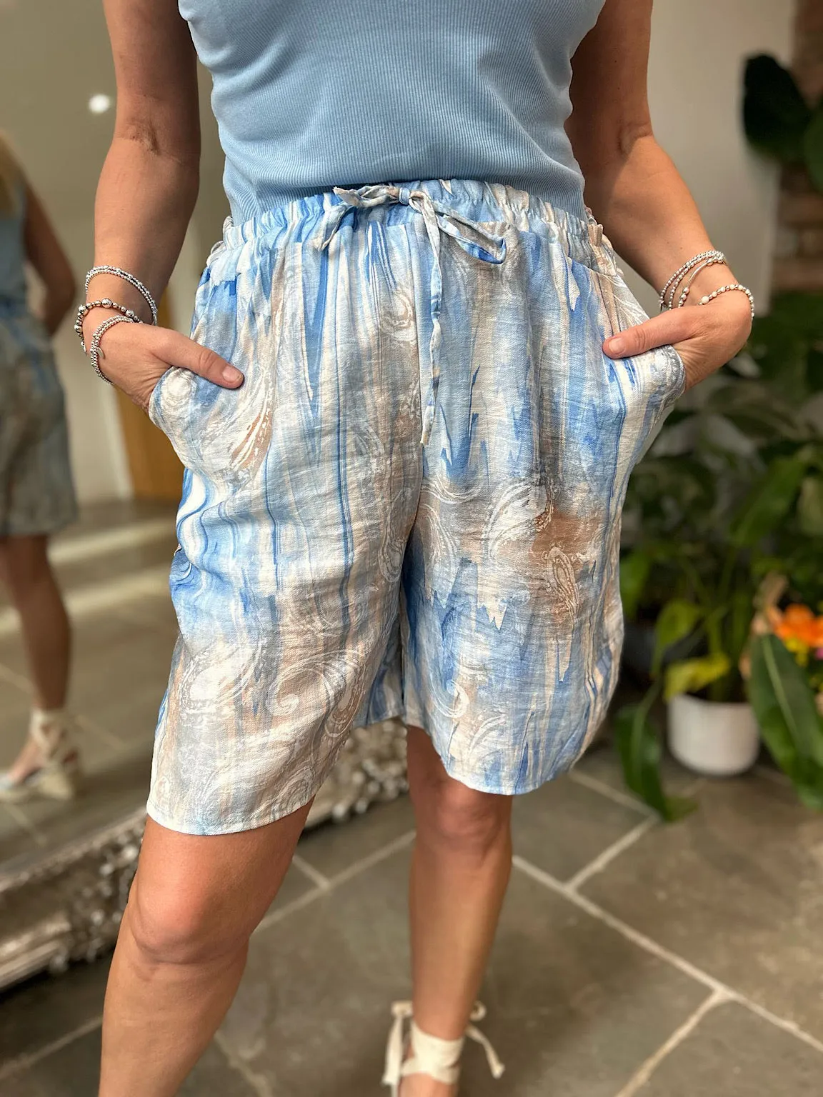 Blue Paisley Marble Print Shorts