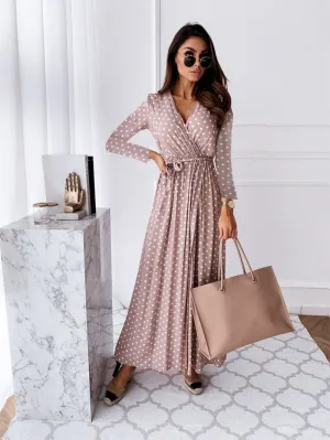 Bohemian Polka Dot V-Neck Long Dress with Side Slit and Belt