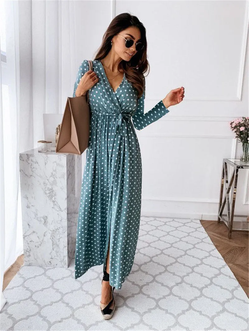 Bohemian Polka Dot V-Neck Long Dress with Side Slit and Belt