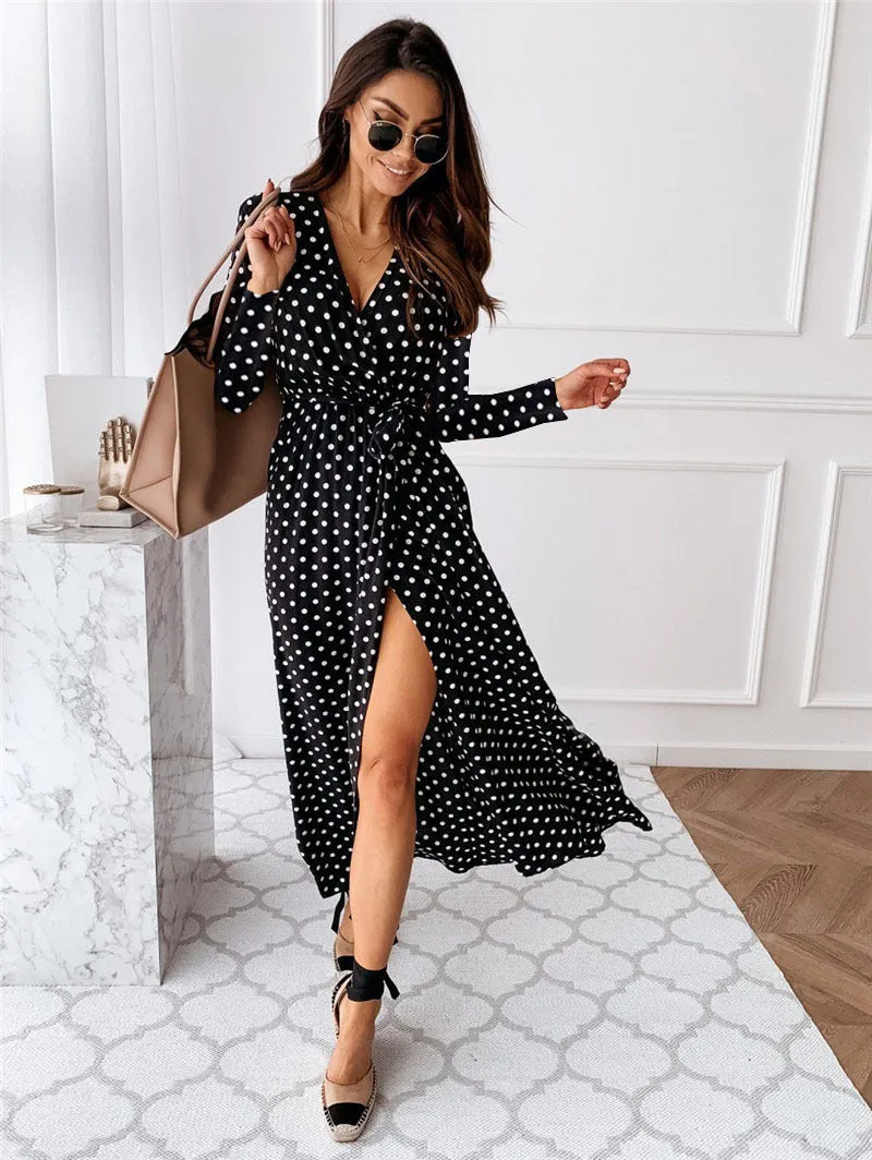 Bohemian Polka Dot V-Neck Long Dress with Side Slit and Belt