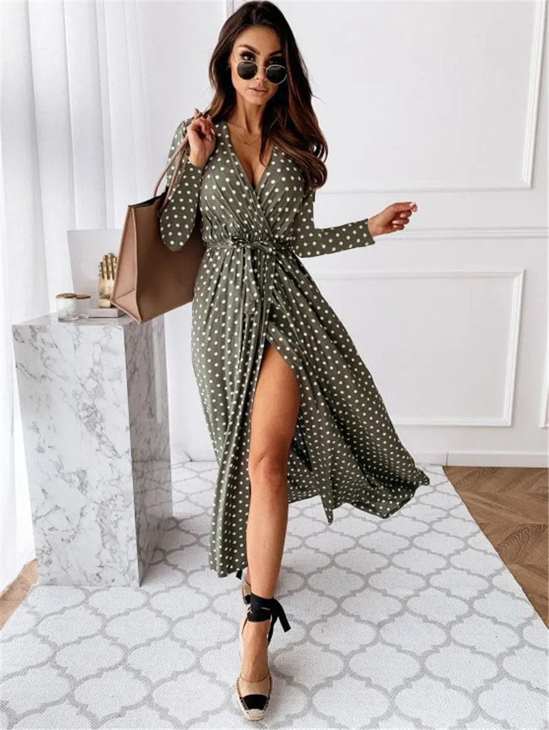 Bohemian Polka Dot V-Neck Long Dress with Side Slit and Belt