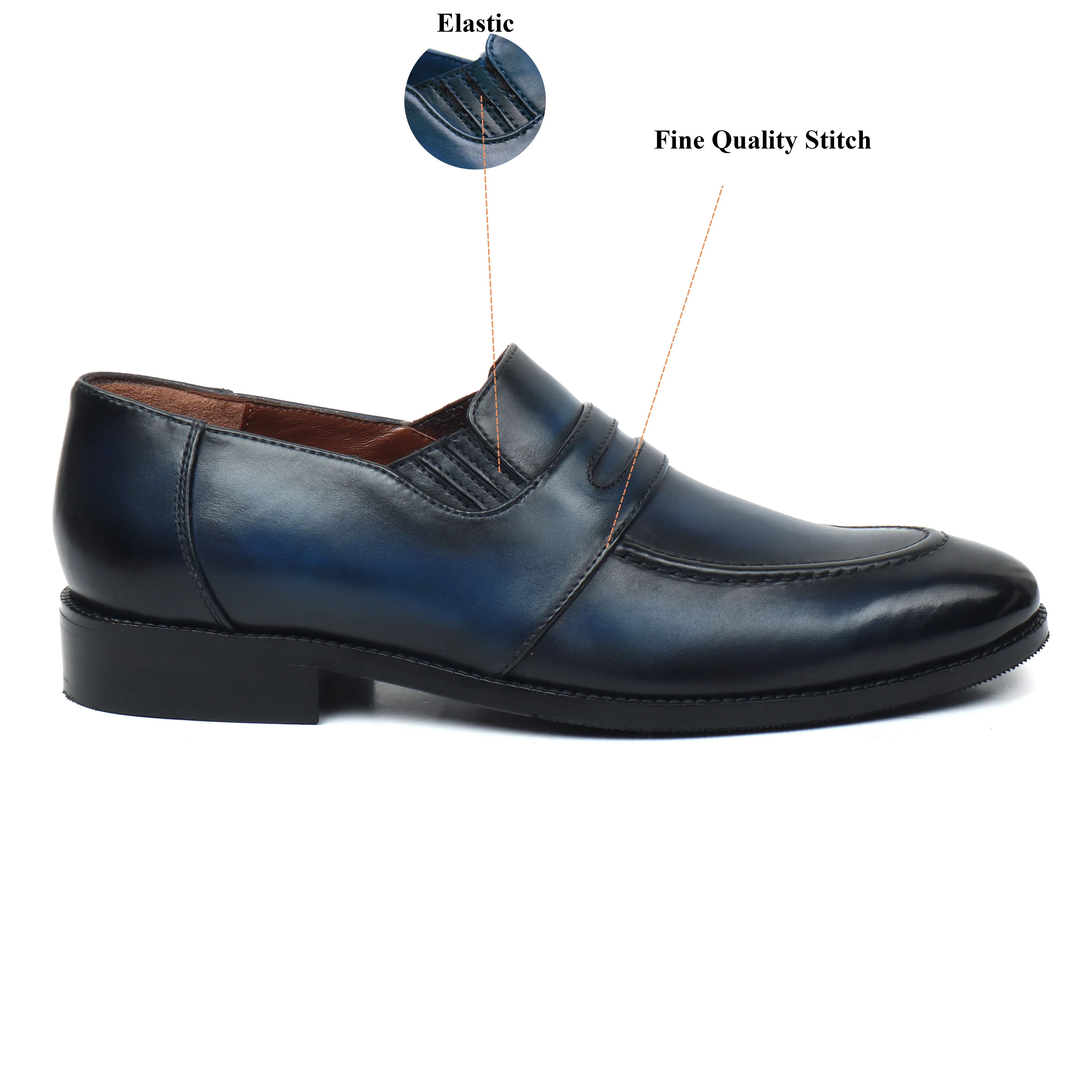 Burnished Darker Blue Penny Loafers in Genuine Leather