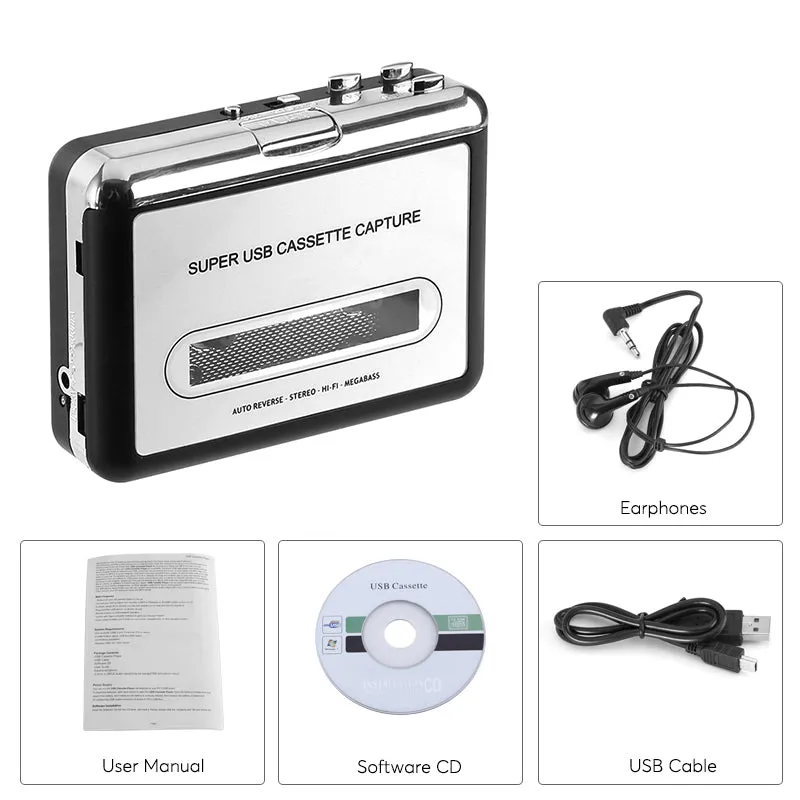 Cassette Tape-to-MP3 Converter - Plug and Play, Win   Mac Compatible, Auto Reverse, Audacity Audio Software