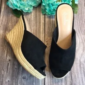 CHARLES Lawrence Black Micro-Suede Platform Wedge Espadrilles 7M