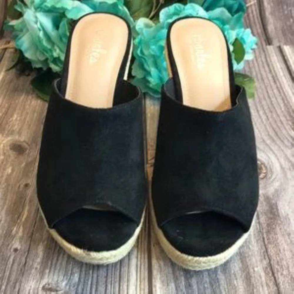 CHARLES Lawrence Black Micro-Suede Platform Wedge Espadrilles 7M
