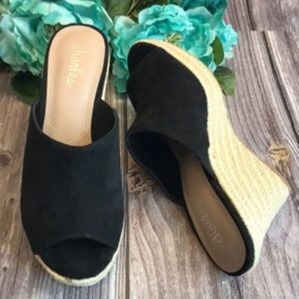 CHARLES Lawrence Black Micro-Suede Platform Wedge Espadrilles 7M