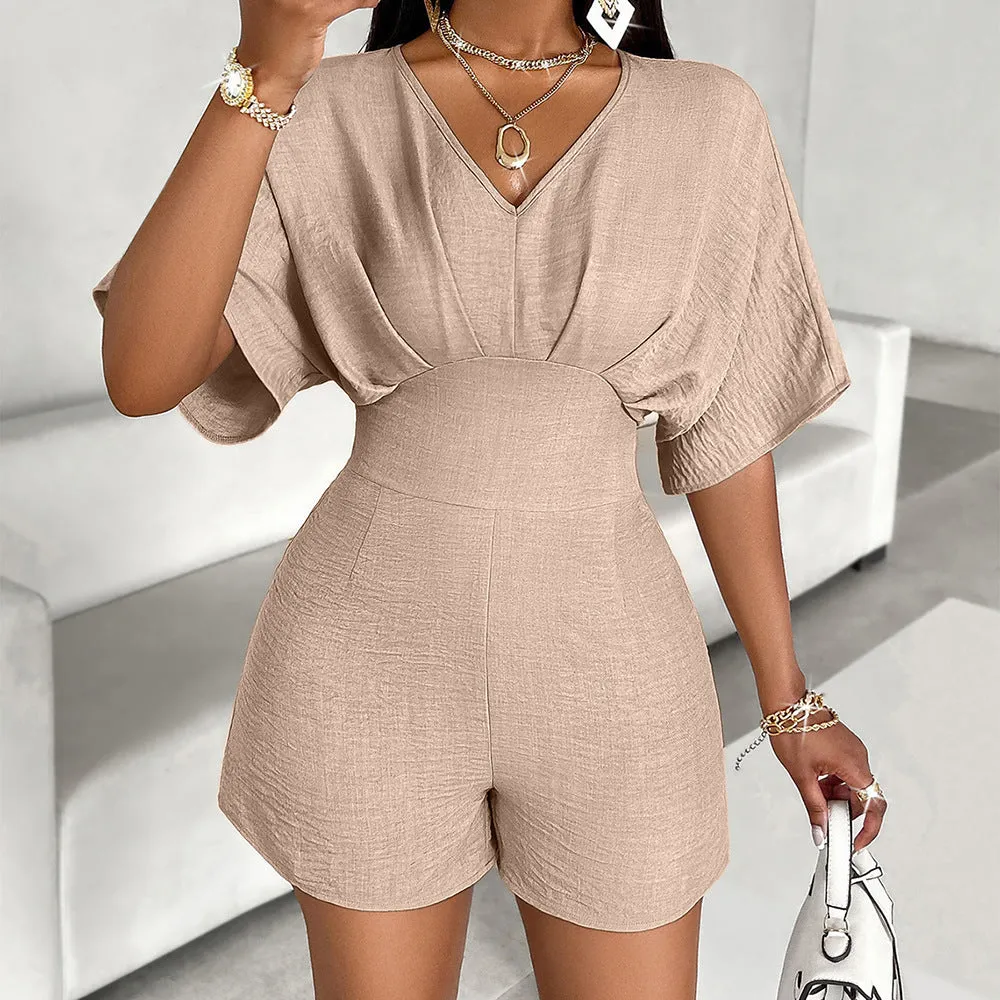 Chic V-Neck High-Waist Short Sleeve Jumpsuit for Effortless Elegance