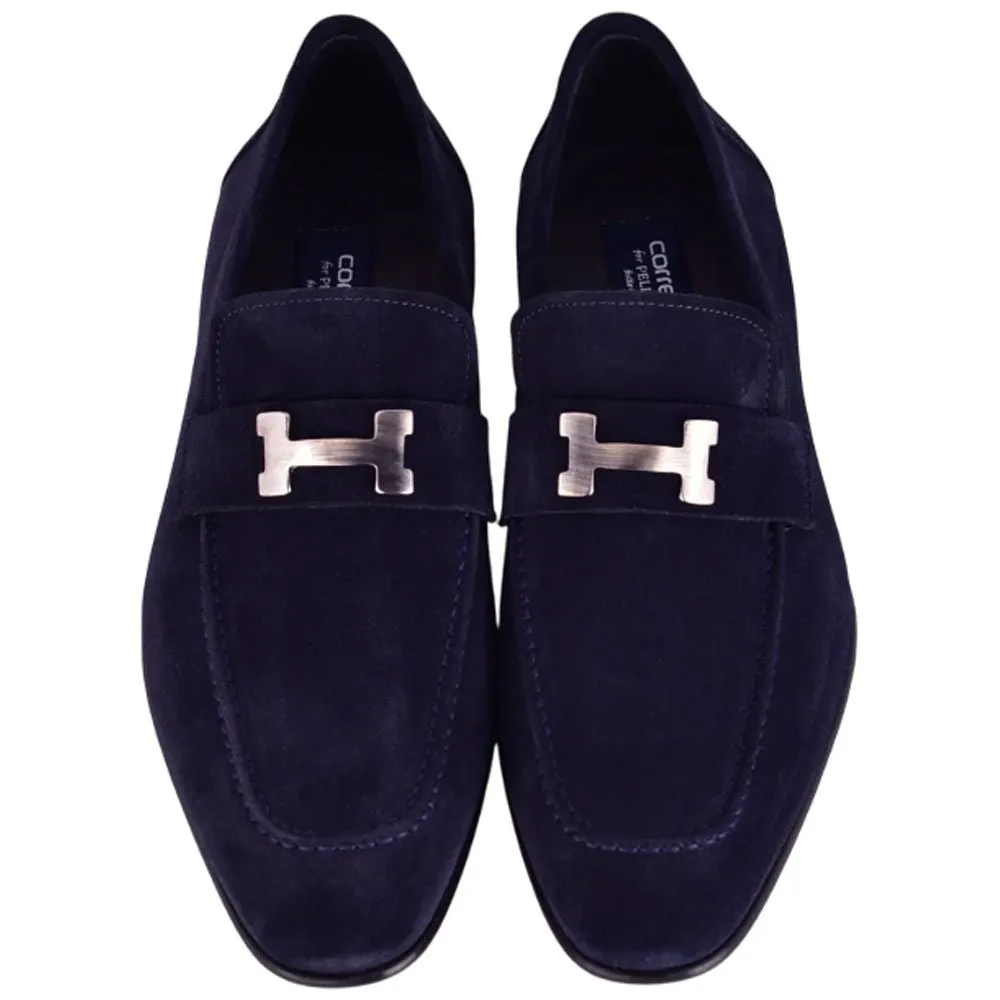 CORRENTE Navy Blue Suede Leather with H Bit Leather Sole Loafer for Men