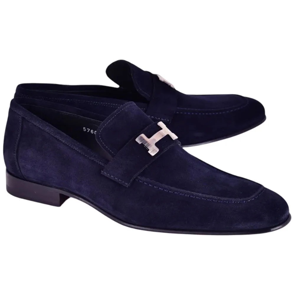 CORRENTE Navy Blue Suede Leather with H Bit Leather Sole Loafer for Men