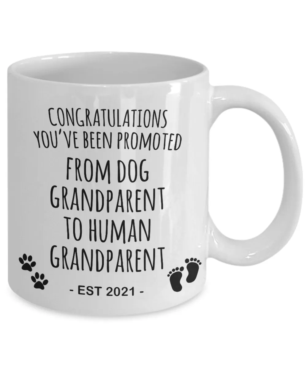 Dog Grandparent To Human Grandparent Mug Est 2021 Pregnancy Reveal First Time Grandparent Gift Promoted to Grandparent Cup Baby Announcement Coffee Cup