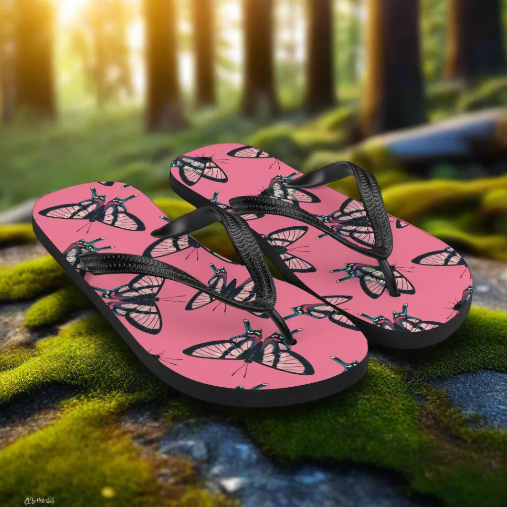 Eden Garden Butterfly Print Flip-Flops Pink Black Butterflies