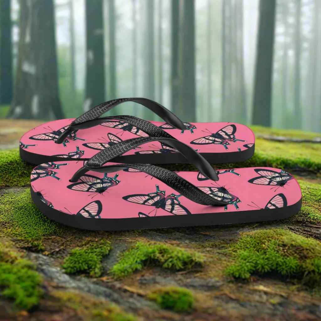 Eden Garden Butterfly Print Flip-Flops Pink Black Butterflies