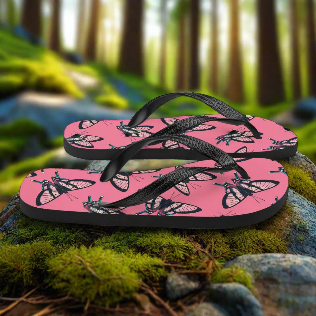 Eden Garden Butterfly Print Flip-Flops Pink Black Butterflies