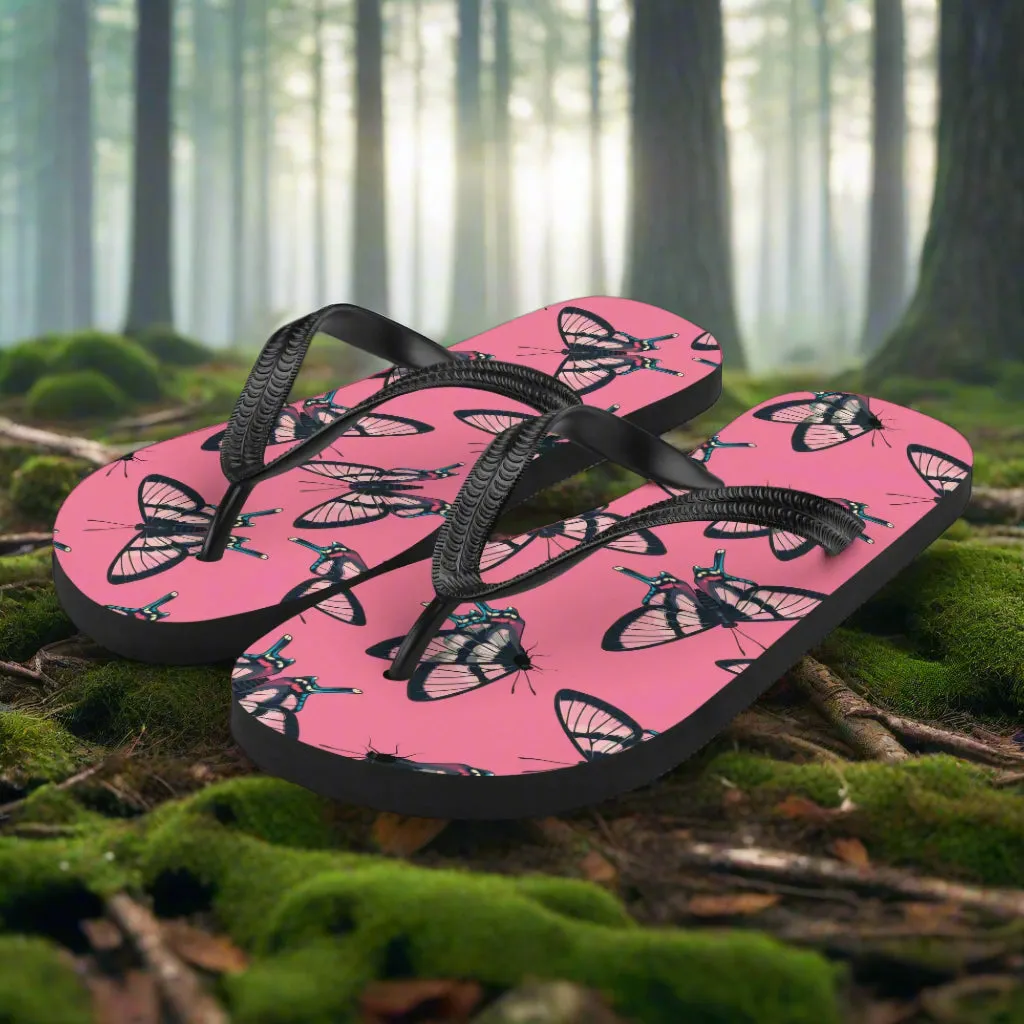 Eden Garden Butterfly Print Flip-Flops Pink Black Butterflies
