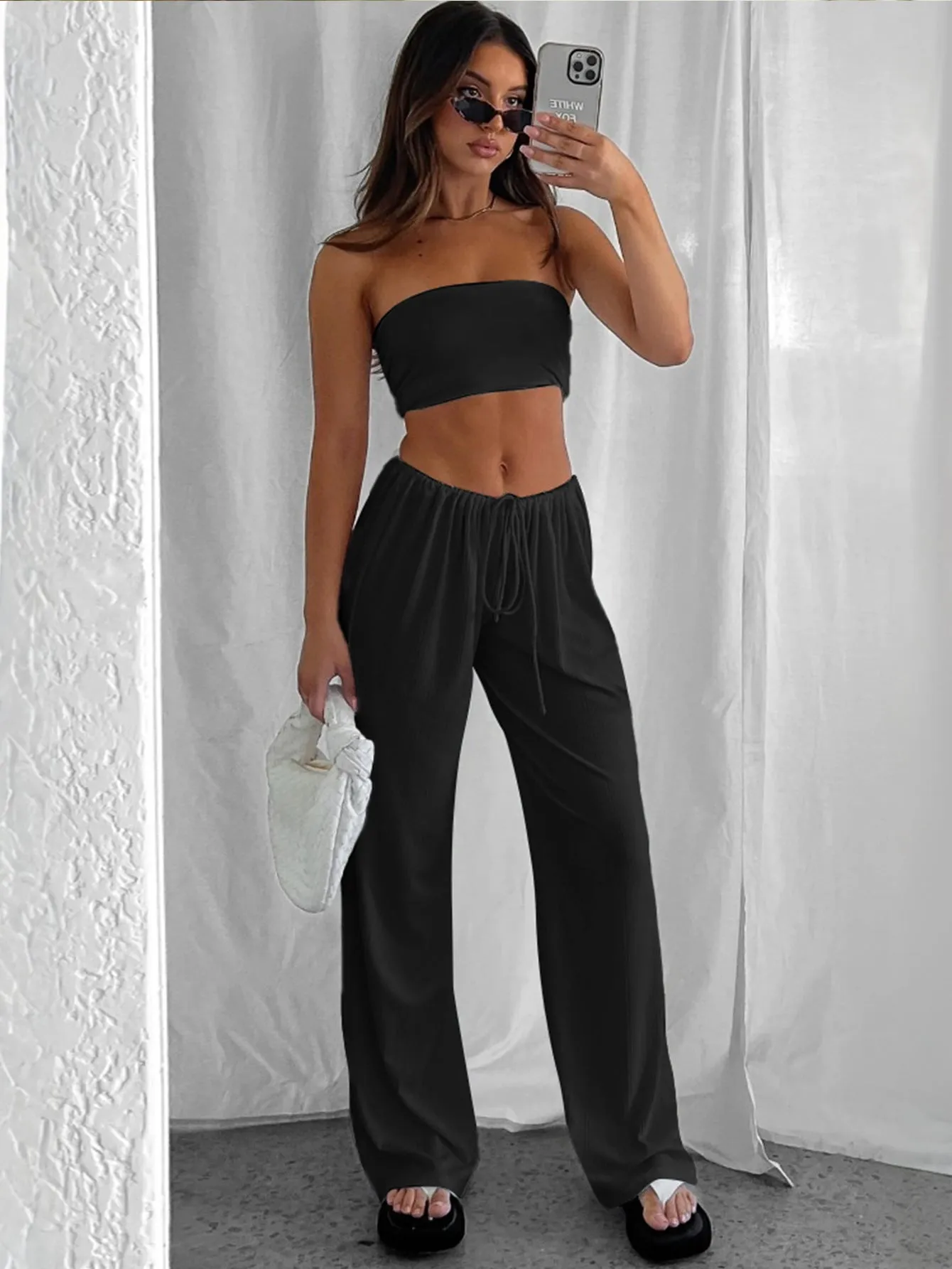 Effortlessly Chic Strapless Bandeau and Wide-Leg Pants Set