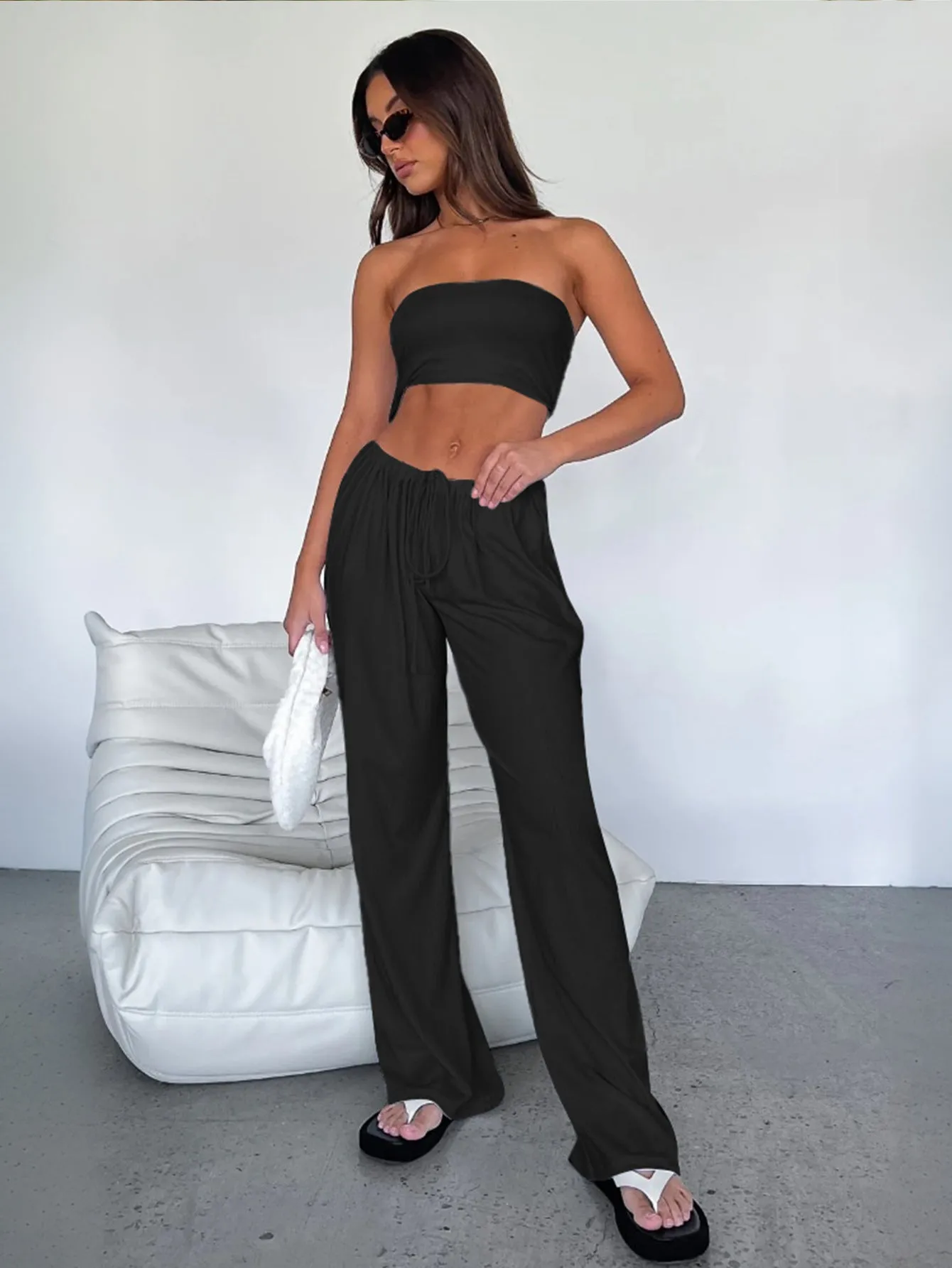 Effortlessly Chic Strapless Bandeau and Wide-Leg Pants Set