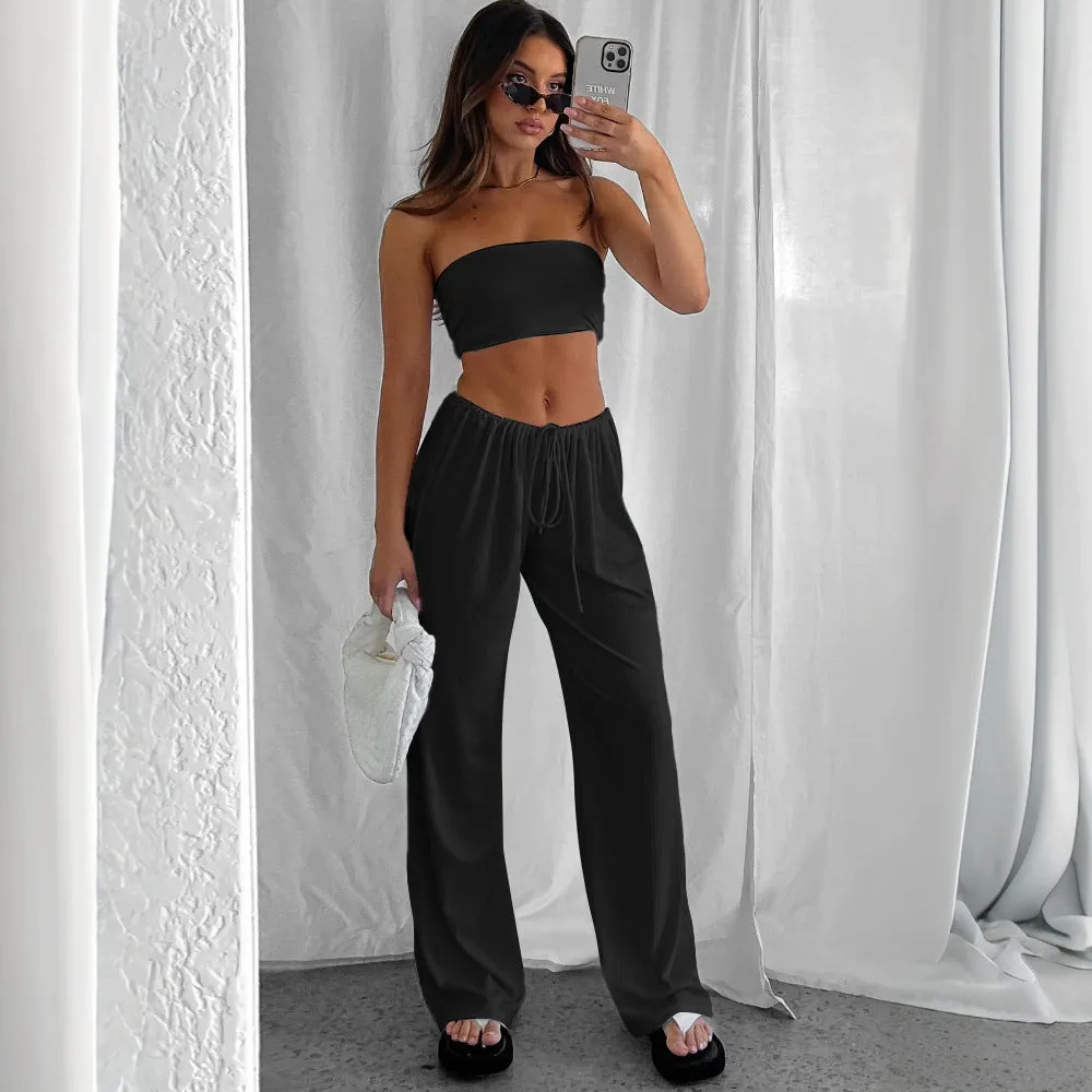Effortlessly Chic Strapless Bandeau and Wide-Leg Pants Set