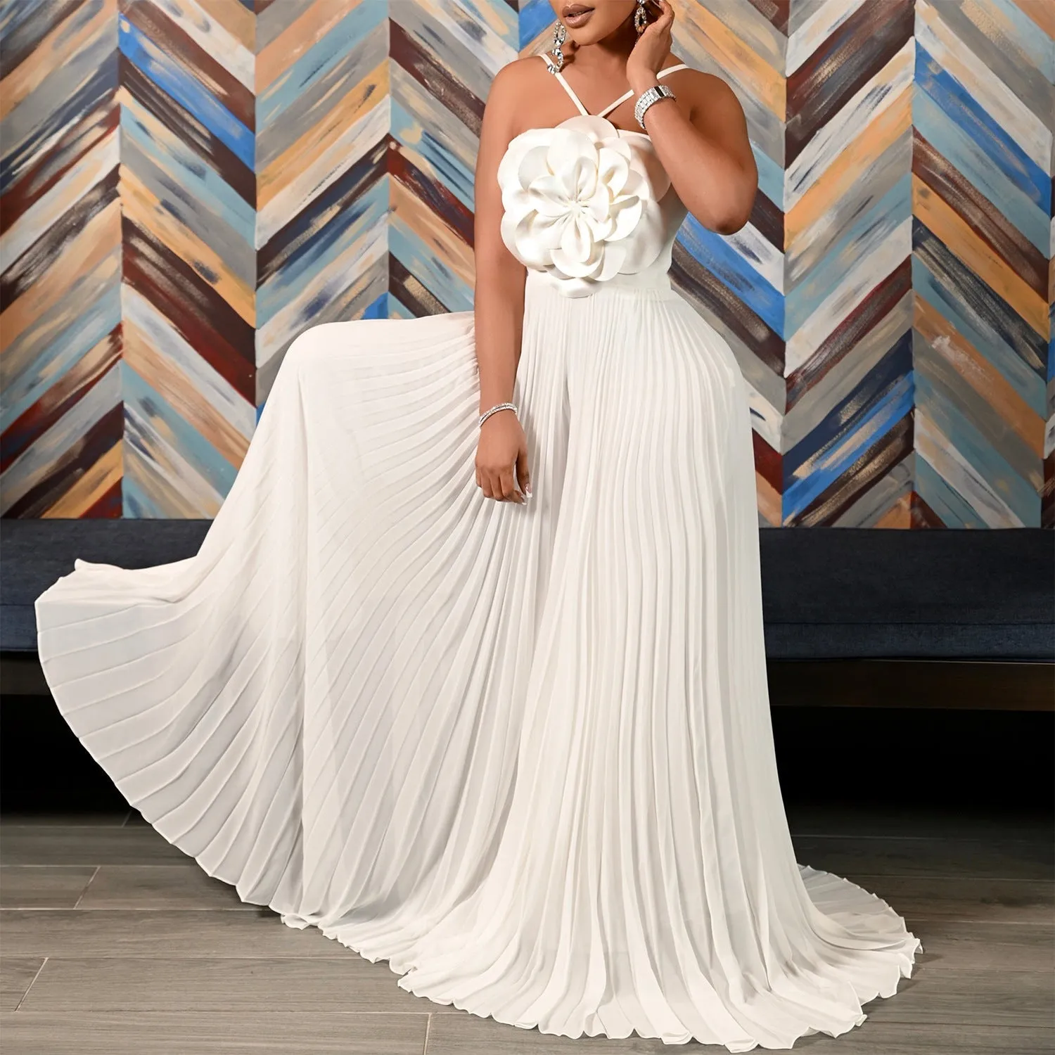 Elegant Halter Neck Flower Detail Wide-Leg Plus-Size Jumpsuit for Summer Sophistication
