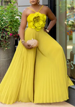 Elegant Halter Neck Flower Detail Wide-Leg Plus-Size Jumpsuit for Summer Sophistication