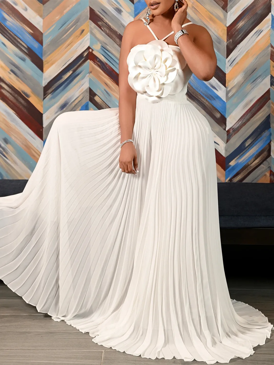 Elegant Halter Neck Flower Detail Wide-Leg Plus-Size Jumpsuit for Summer Sophistication