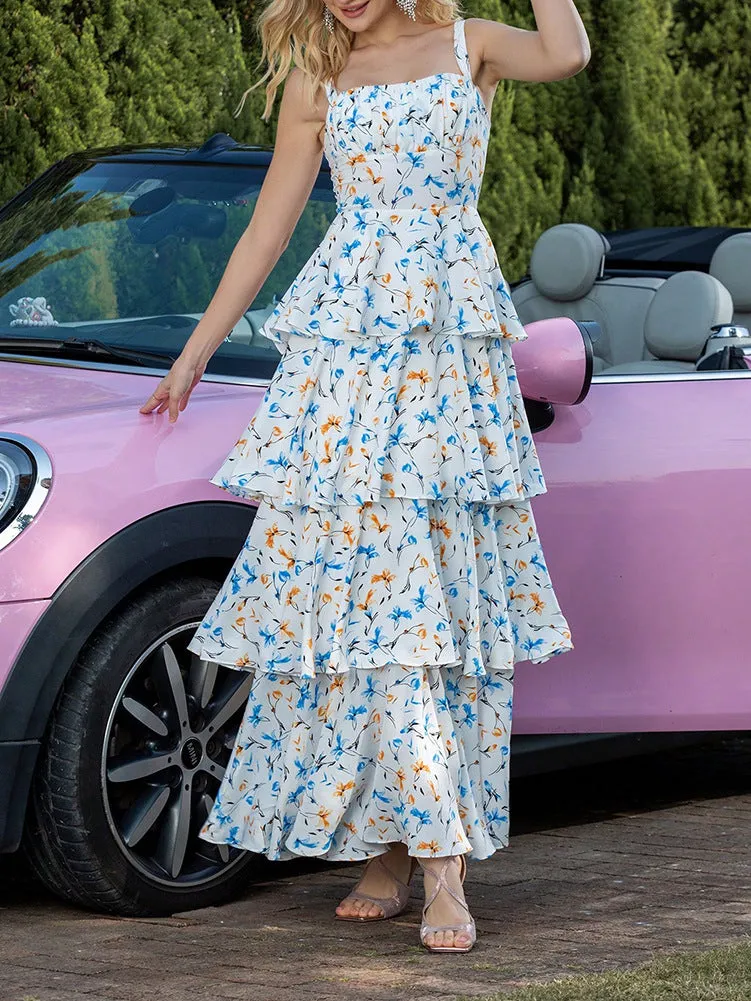 Elegant Tiered Ruffle Floral Print Maxi Dress with Spaghetti Straps