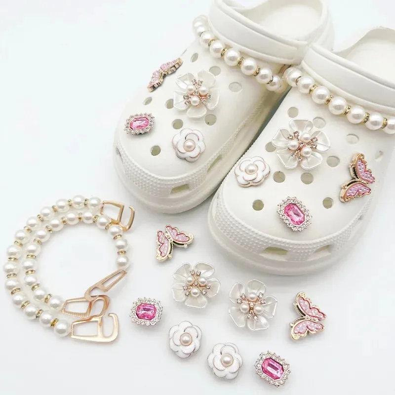 Elegant Vintage Pearl Chain & Flower Shoe Charms – Cute Jewelry for Shoes
