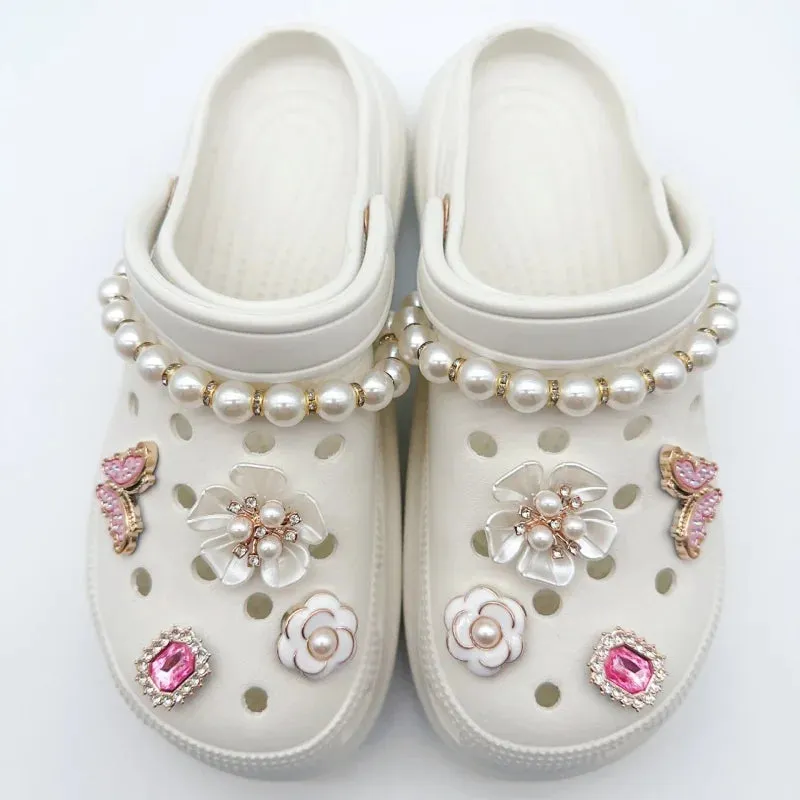 Elegant Vintage Pearl Chain & Flower Shoe Charms – Cute Jewelry for Shoes