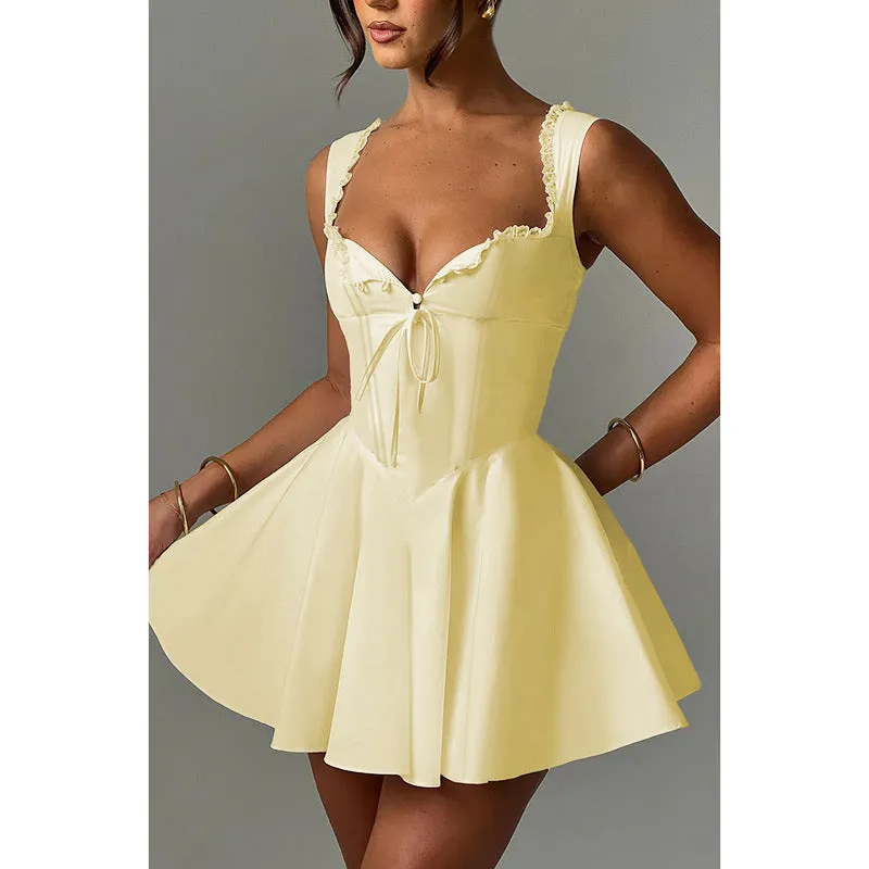 Enchanting Lace-Trimmed A-Line Dress with Flirty V-Neck Design