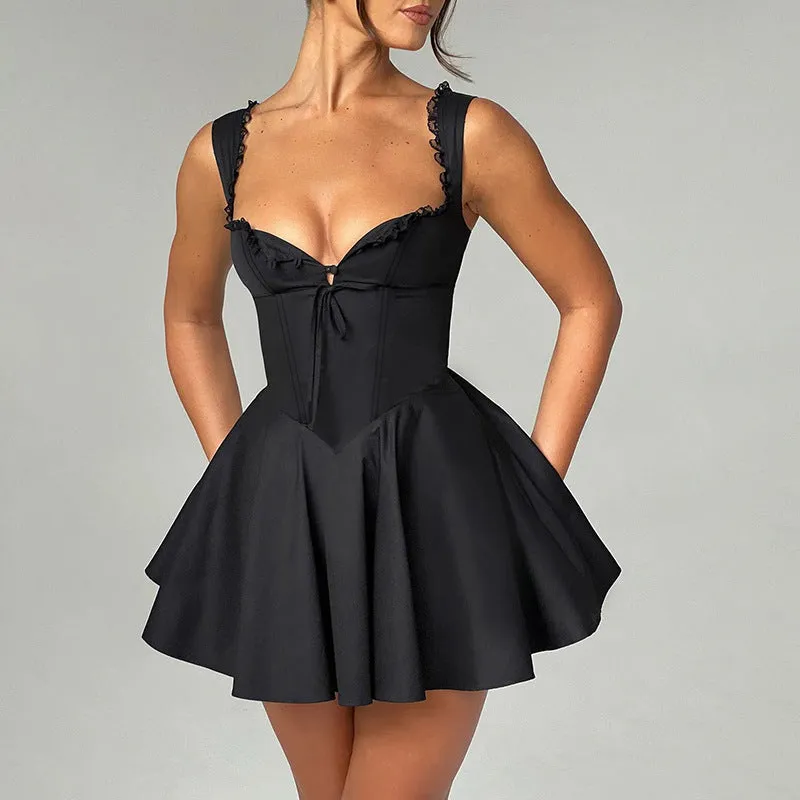 Enchanting Lace-Trimmed A-Line Dress with Flirty V-Neck Design