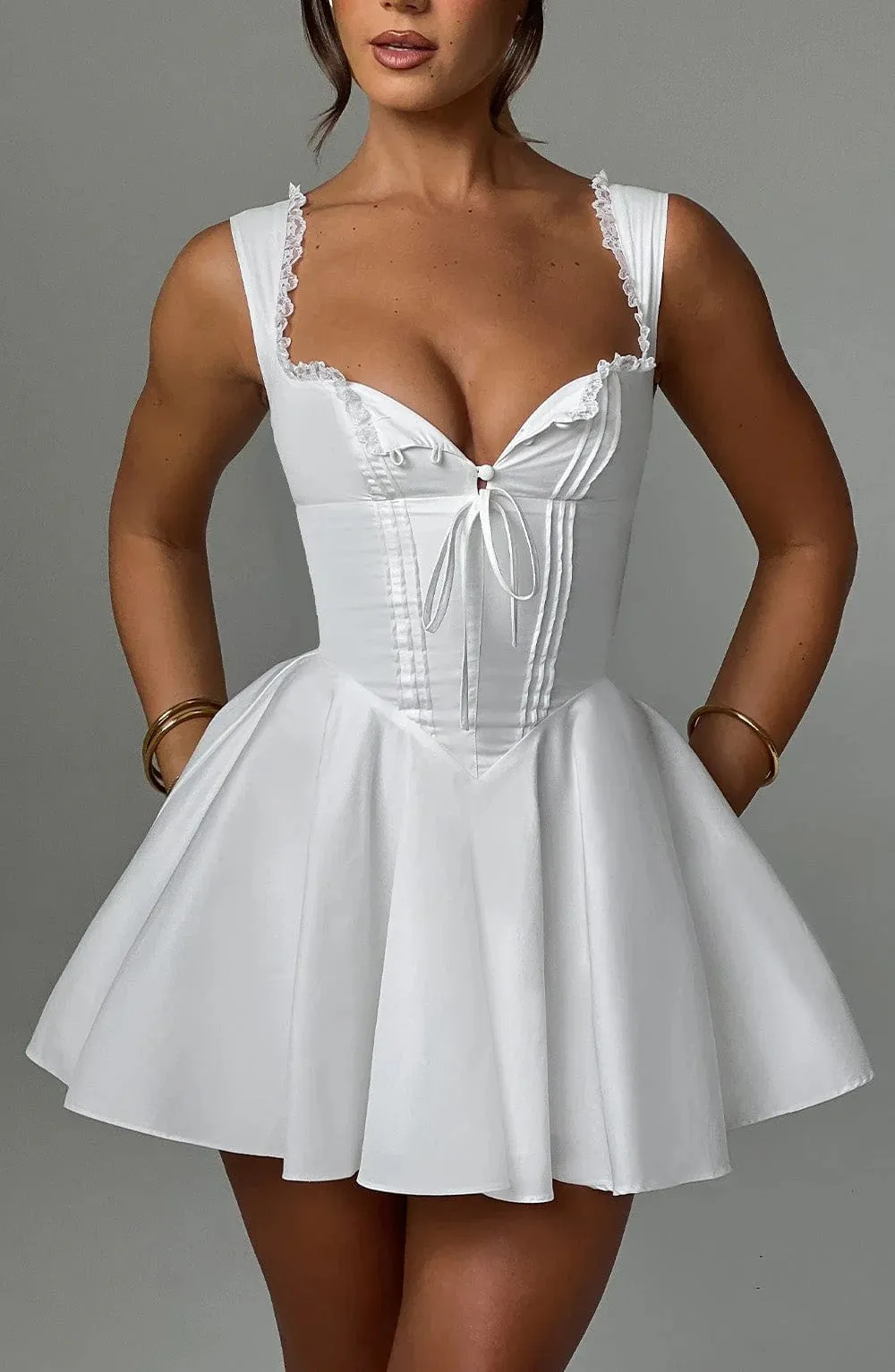 Enchanting Lace-Trimmed A-Line Dress with Flirty V-Neck Design