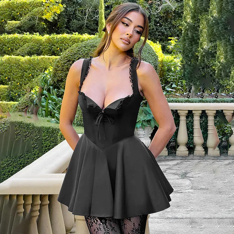 Enchanting Lace-Trimmed A-Line Dress with Flirty V-Neck Design