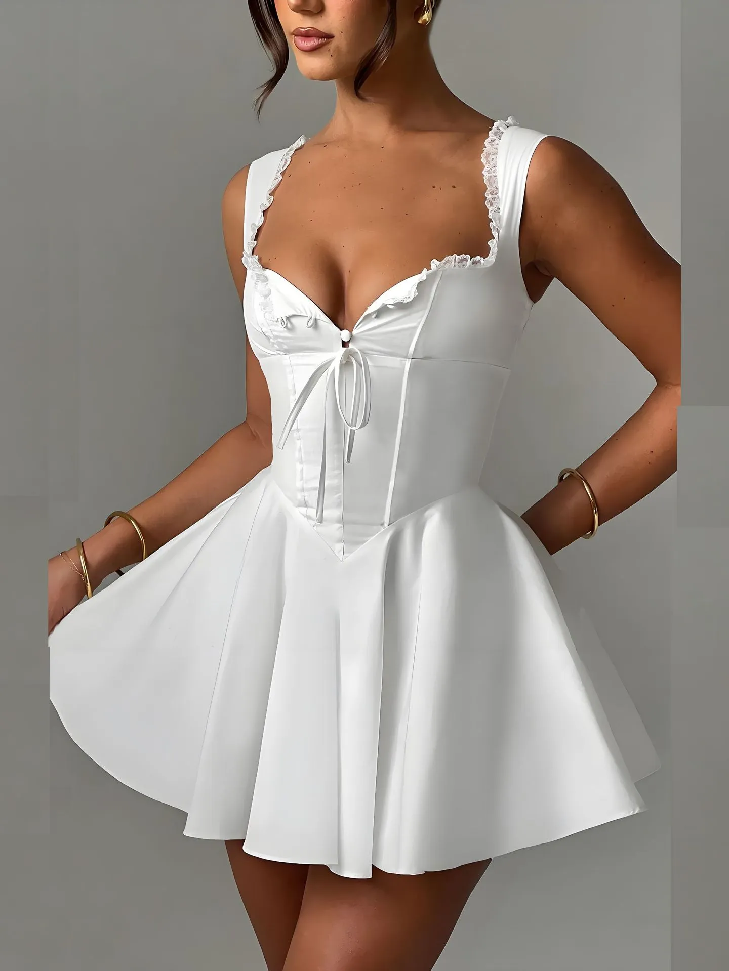Enchanting Lace-Trimmed A-Line Dress with Flirty V-Neck Design