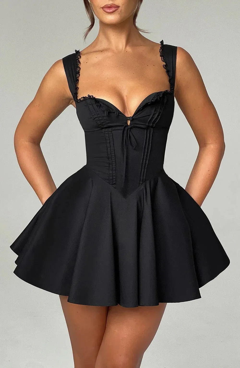 Enchanting Lace-Trimmed A-Line Dress with Flirty V-Neck Design