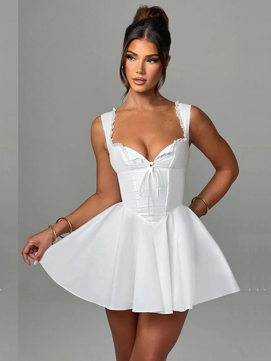 Enchanting Lace-Trimmed A-Line Dress with Flirty V-Neck Design