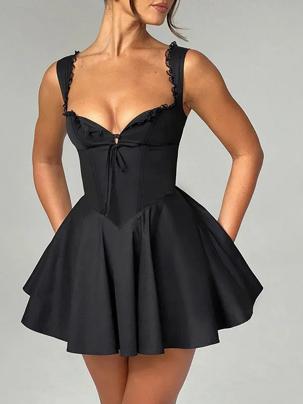 Enchanting Lace-Trimmed A-Line Dress with Flirty V-Neck Design