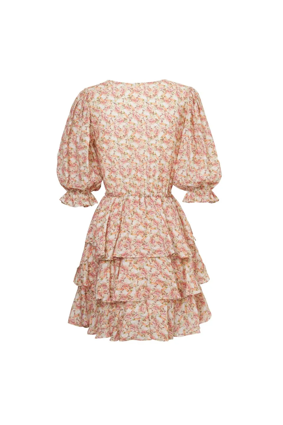 Evita Orange Burst SS V Neck Tiered Mini Dress