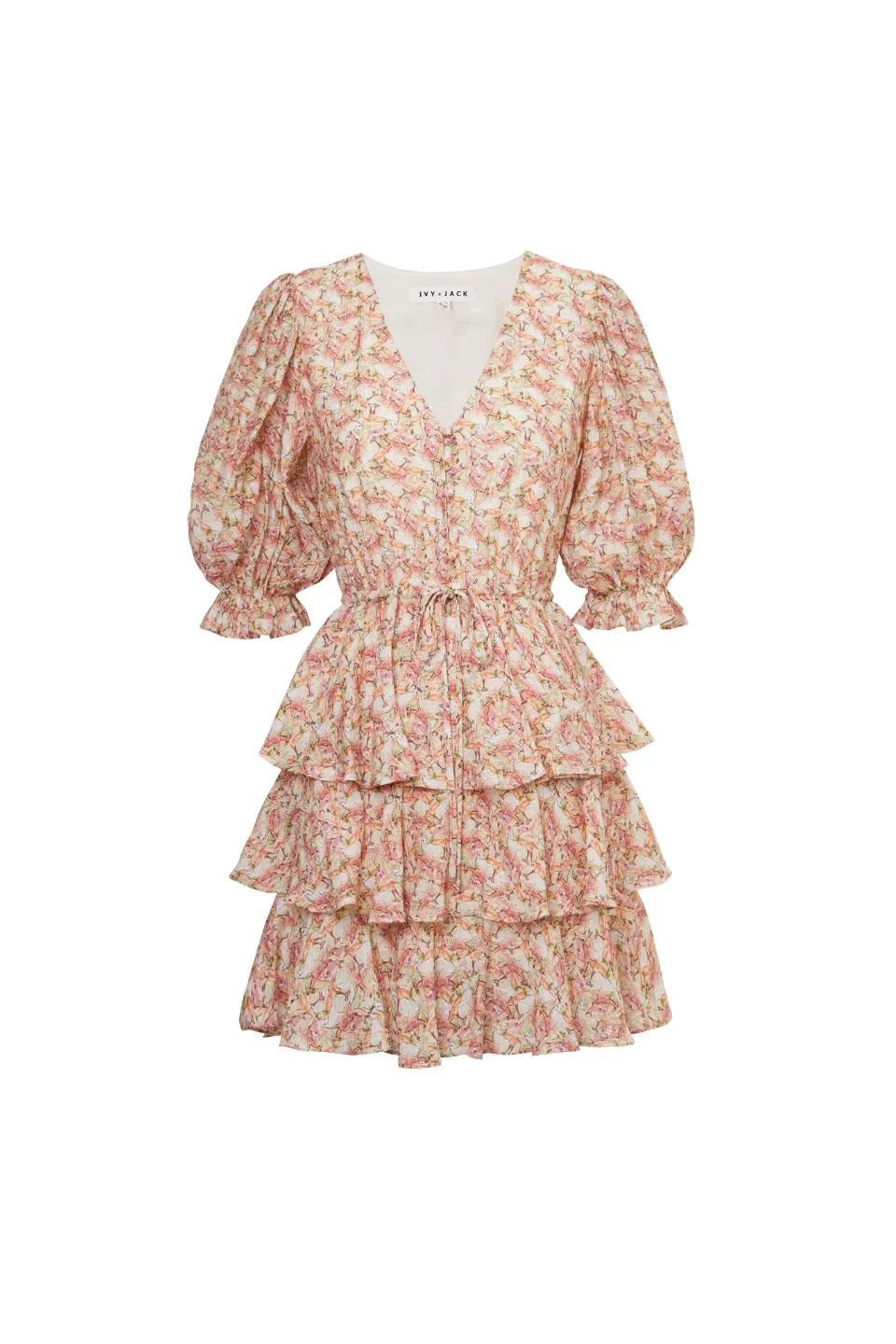 Evita Orange Burst SS V Neck Tiered Mini Dress