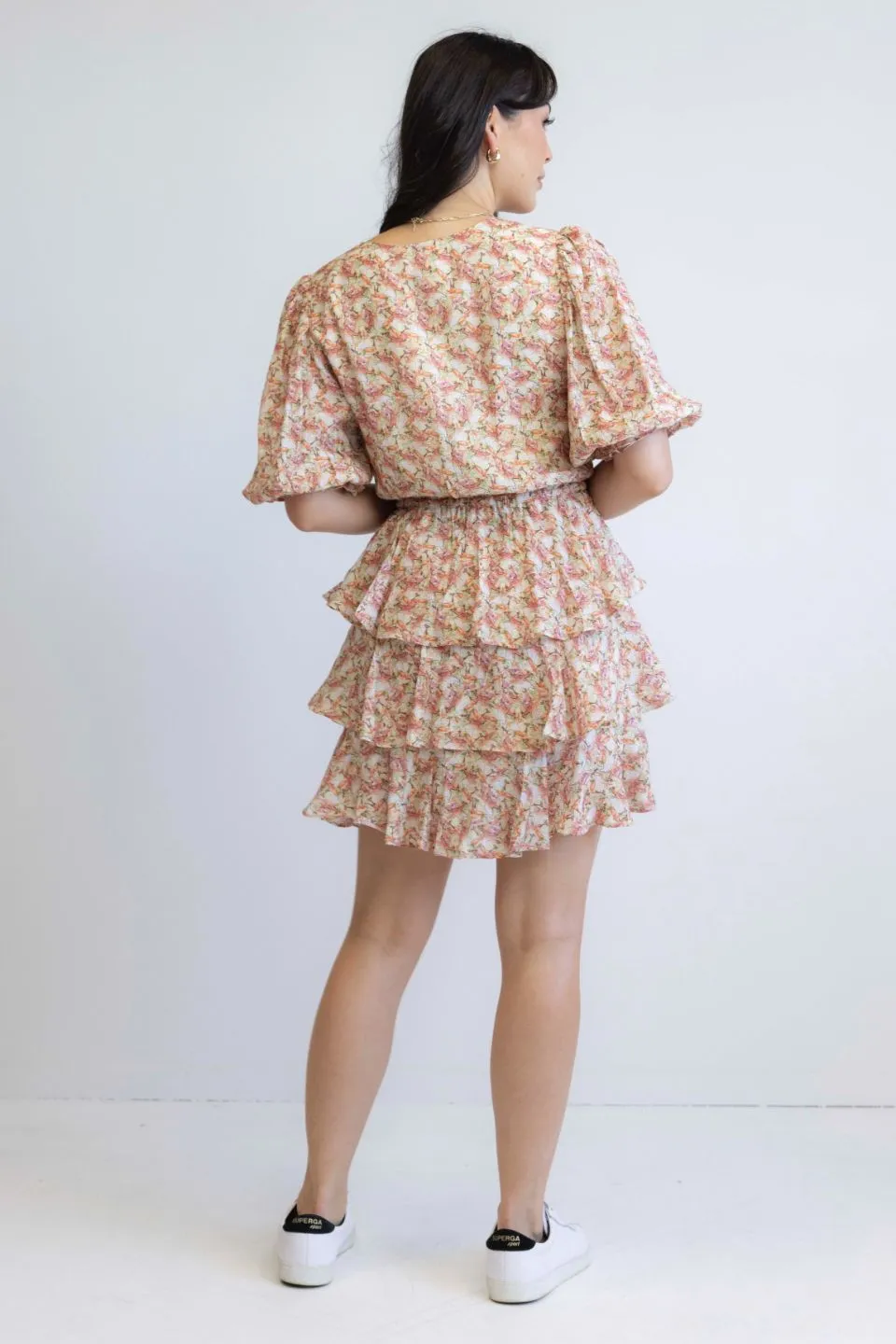 Evita Orange Burst SS V Neck Tiered Mini Dress