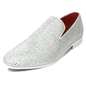 FI-7525 White Suede Rhinestones Slip on Loafer Fiesso by Aurelio Garcia