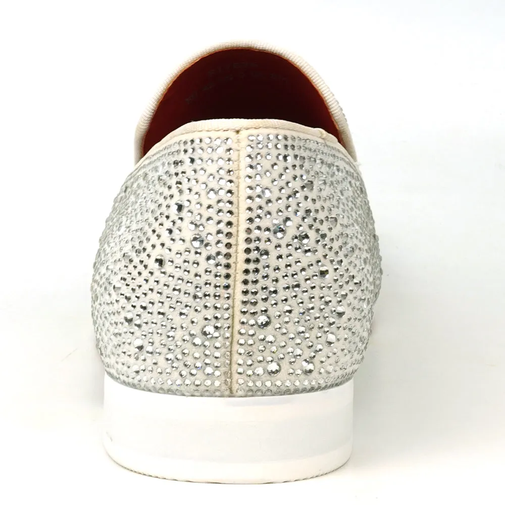 FI-7525 White Suede Rhinestones Slip on Loafer Fiesso by Aurelio Garcia