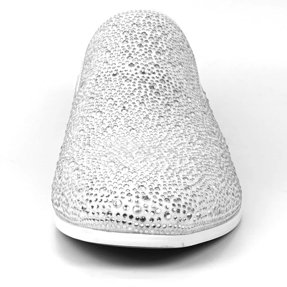 FI-7525 White Suede Rhinestones Slip on Loafer Fiesso by Aurelio Garcia