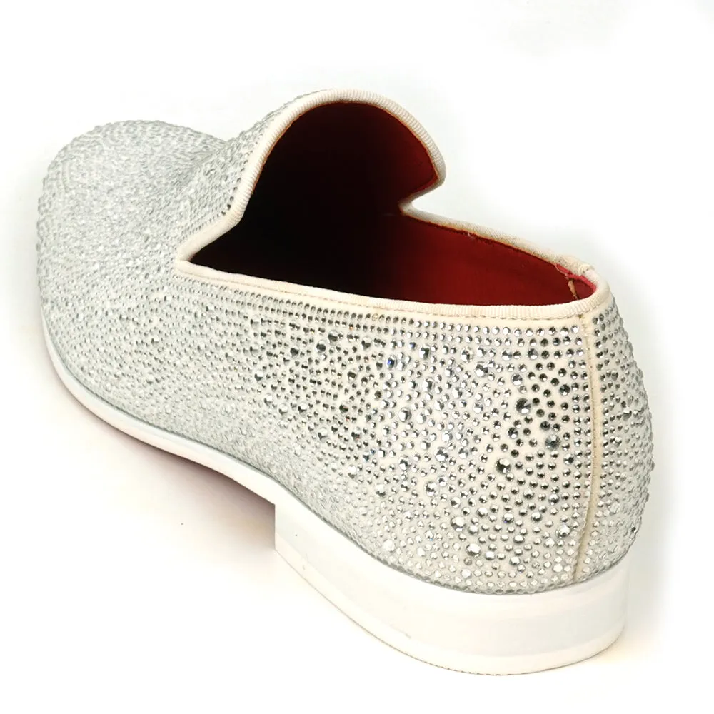 FI-7525 White Suede Rhinestones Slip on Loafer Fiesso by Aurelio Garcia