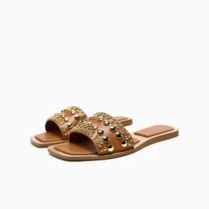 Gold Studded Embellished Slip On Flat Mules