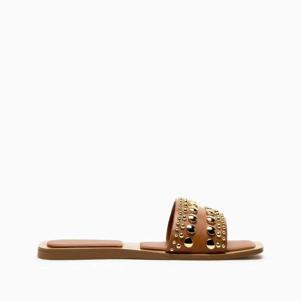 Gold Studded Embellished Slip On Flat Mules