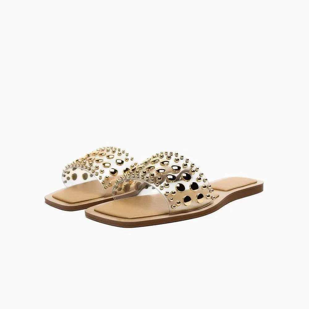 Gold Studded Embellished Slip On Flat Mules